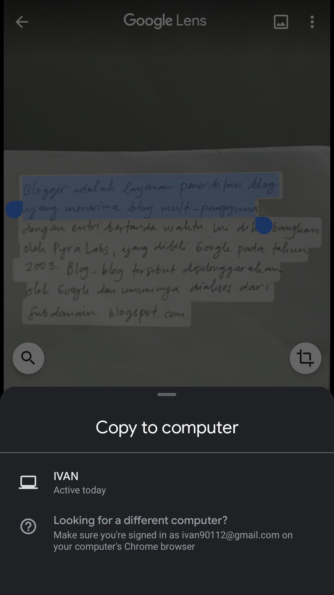 Google Lens - Copy to computer